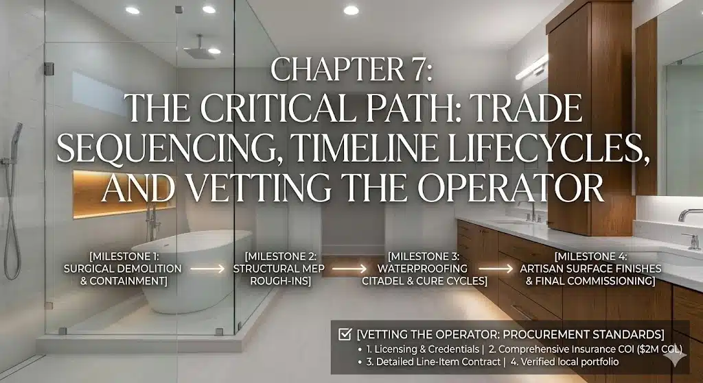 Conceptual infographic of the 2026 bathroom remodel critical path timeline and general contractor vetting checklist over a finished luxury bathroom.