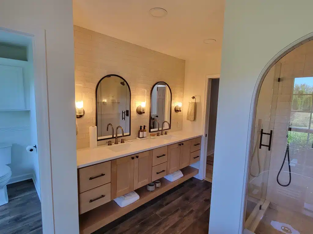 Custom quartz vanity top design by Trends Kitchen & Bathroom Specialists in Kansas City.