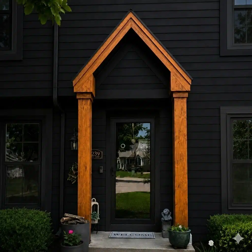 Custom handcrafted cedar portico and modern timber entryway facelift by Trends Kitchen & Bathroom Specialists.