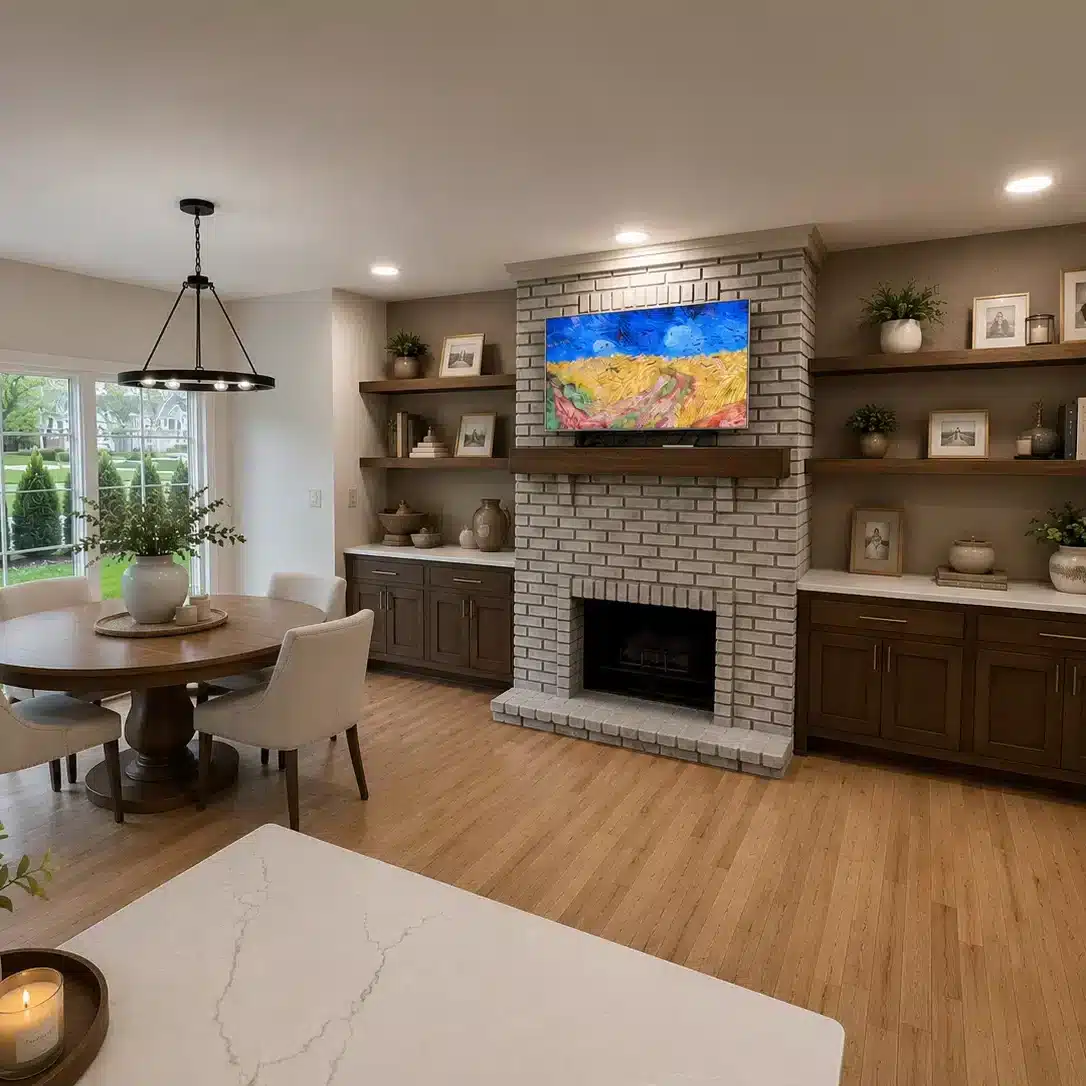 Luxury stone fireplace facelift with premium veneer and modern rustic timber mantle upgrade by Trends Kitchen & Bathroom Specialists.