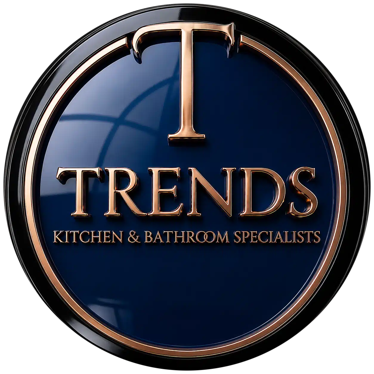 Trends Kitchen and Bathroom Specialists official high-polish blue and copper logo