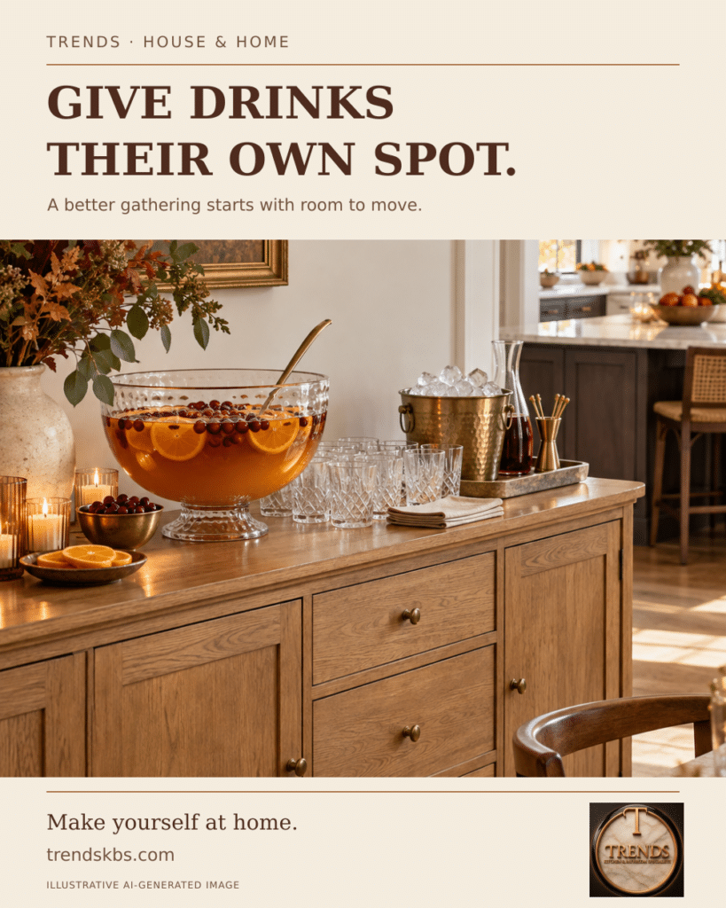 Illustrative autumn drink station on an oak sideboard, with cream marble Trends logo and the headline Give Drinks Their Own Spot.