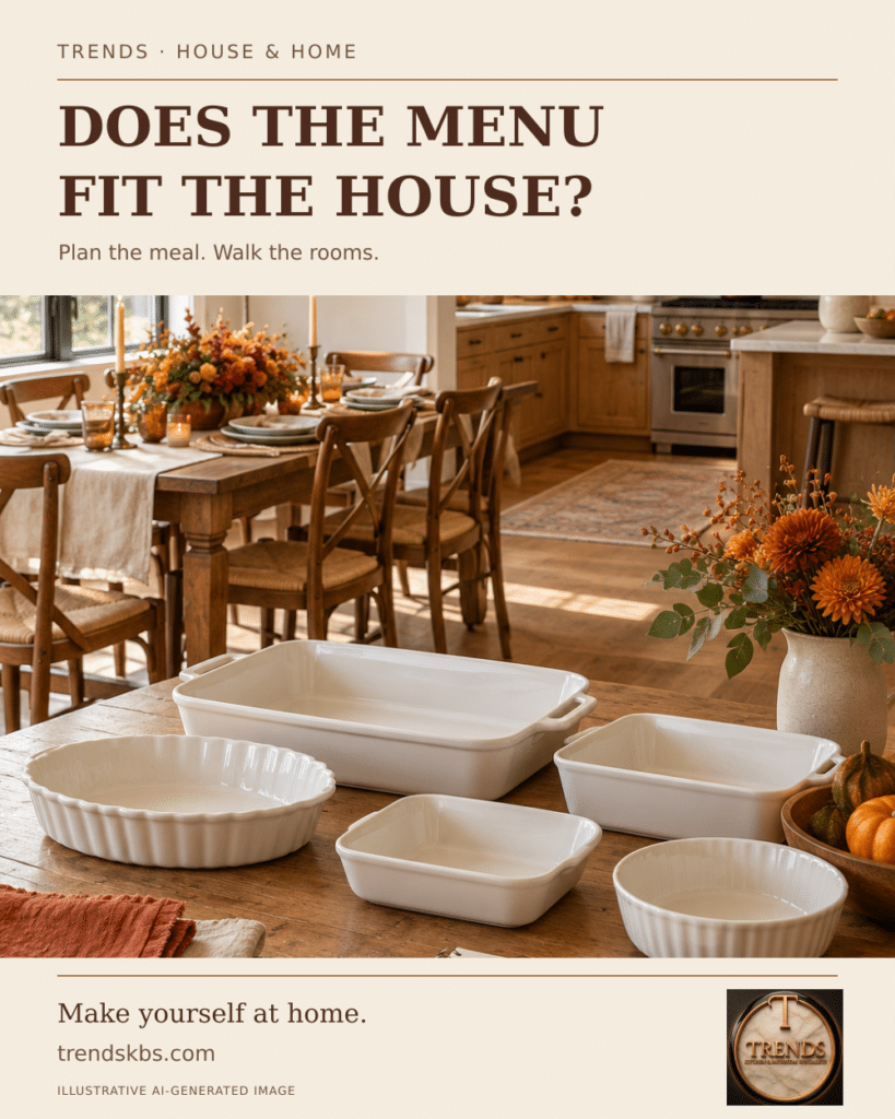 Illustrative Thanksgiving serving dishes and warm oak kitchen, with cream marble Trends logo and the headline Does the Menu Fit the House?