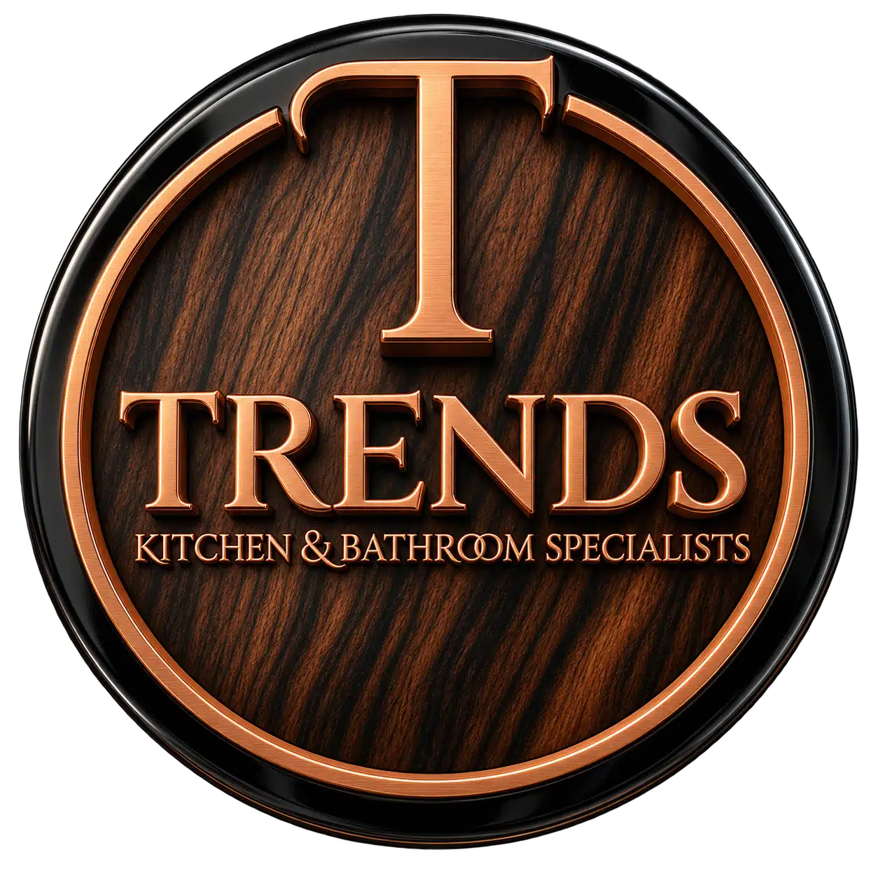 Trends Kitchen & Bathroom Specialists official wood-grain and copper logo with hammer-shaped T