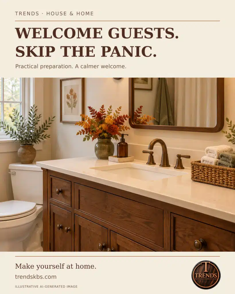 Illustrative warm guest bathroom with fresh towels and a wood vanity, in a Trends House and Home layout with the exact official logo.