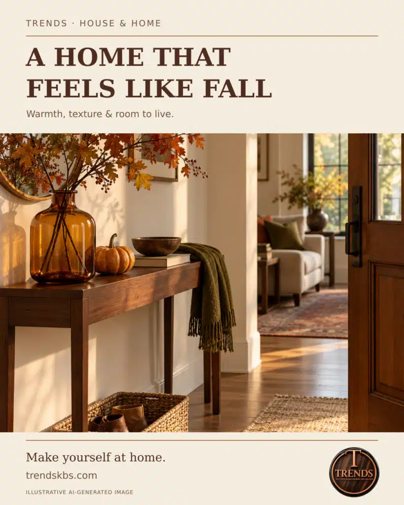 Warm autumn entryway illustration with walnut console, amber vase and olive textile, in a Trends House and Home layout with the exact official logo.