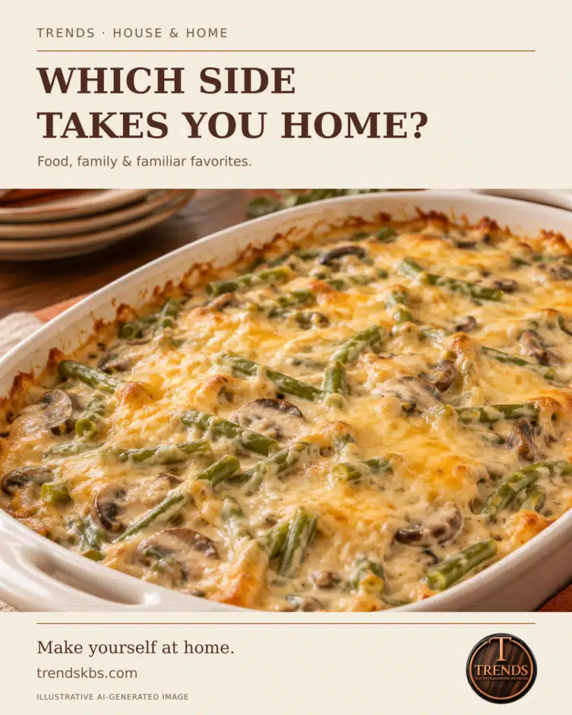 Warm autumn artwork showing an illustrative cheesy green bean casserole without fried onions, with the original wood-and-copper Trends logo.